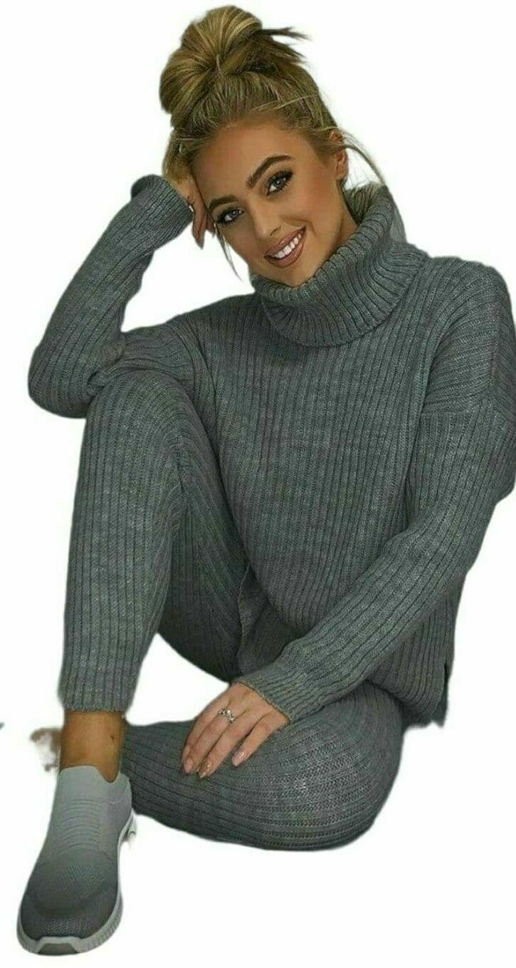 Chunky Knit Ribbed Knitwear Set Ladies Chunky Knitted Ribbed Polo