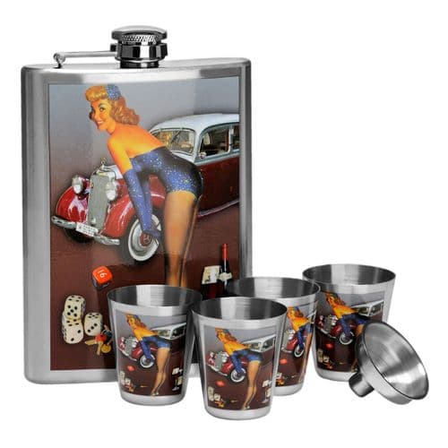 50's Retro Hip Flask & 4 Cup Set