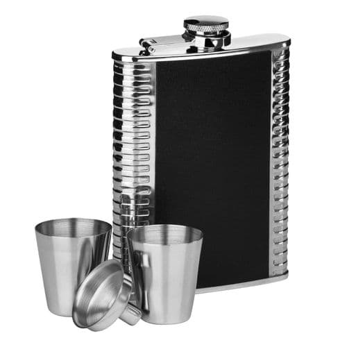 Ribbed Leather Hip Flask & 2 Cup Set
