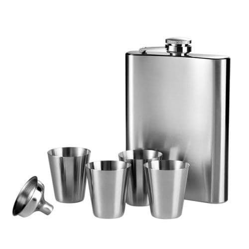 Silver Mono Design Hip Flask & 4 Cup Set