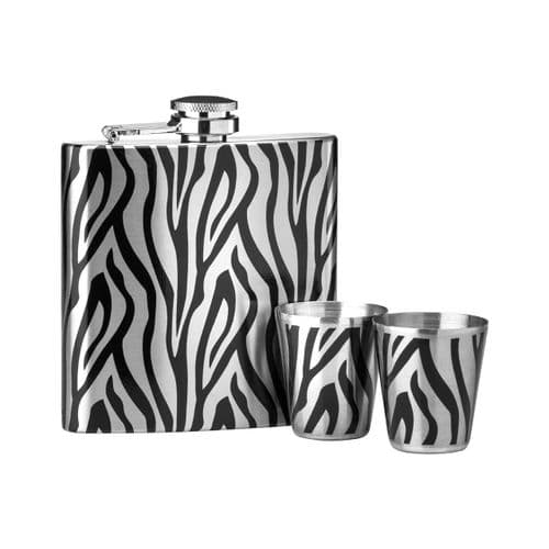 Zebra Design Hip Flask & 2 Cup Set