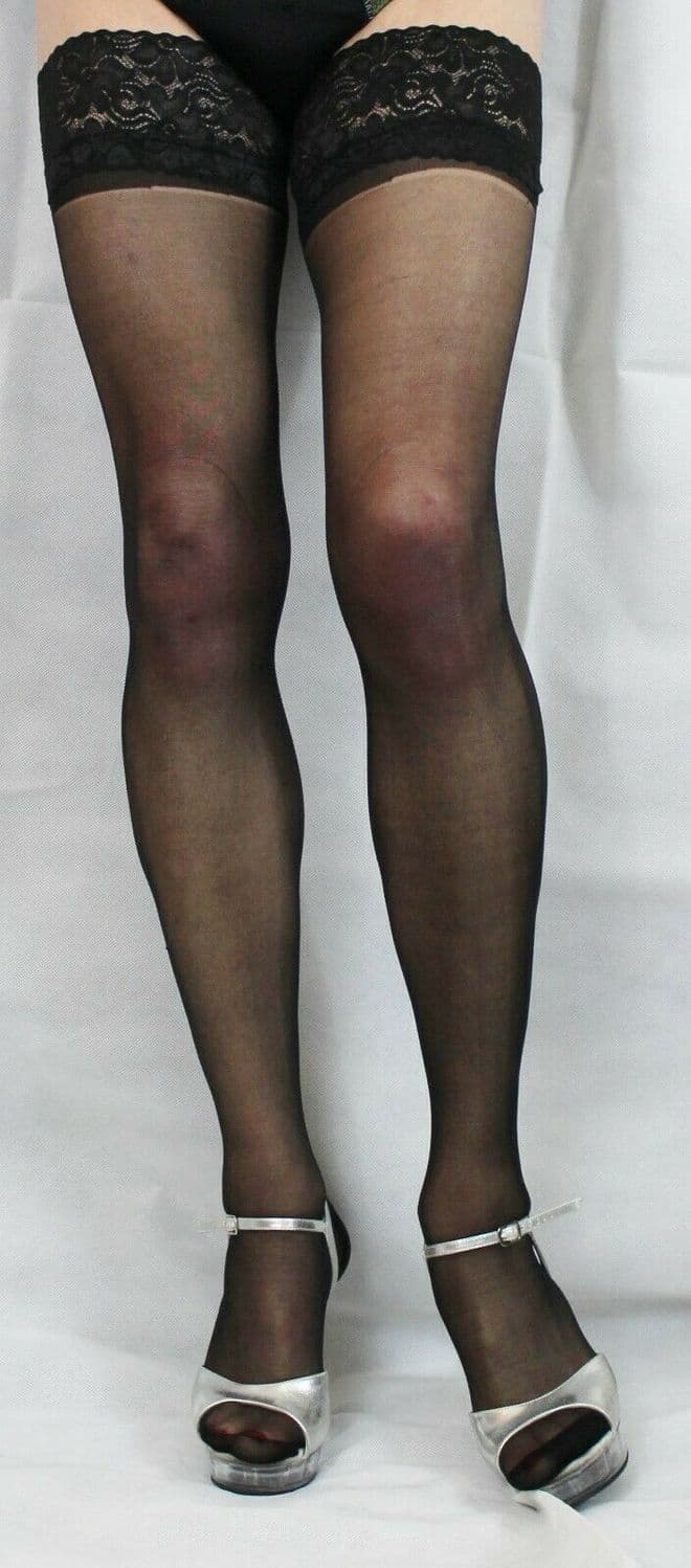 2 pairs Extra Long Black 15 Denier Satin Sheen Lace Top Hold Up`s High Quality
