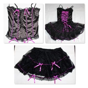 Beautiful Burlesque Black Basque & Petticoat + Purple Ribbon Trim Various Sizes