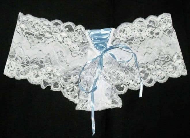 Beautiful White Lace Boy Shorts with Blue Satin Ribbon Lace up Rear Trim