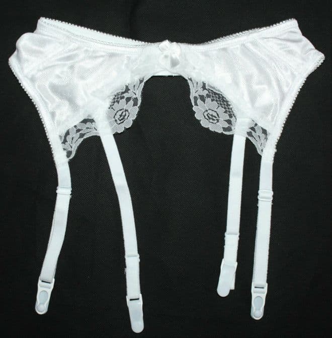 Beautiful White Satin/Lace 4 strap Suspender/Garter belt Waist Sizes 26