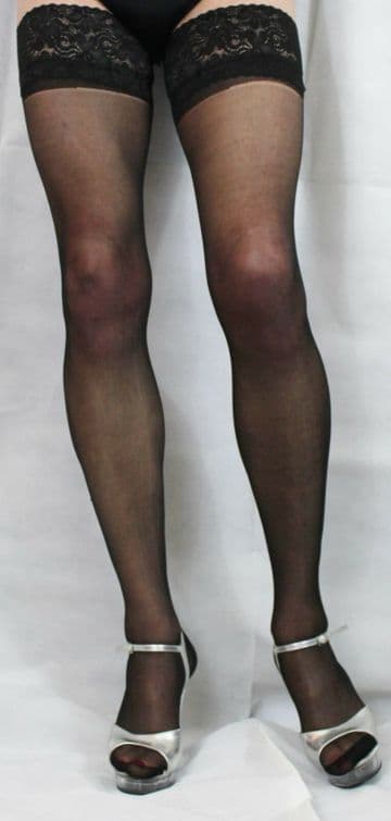 Black 15 Denier Satin Sheen Large Size Lace Top Hold Up Stockings High Quality