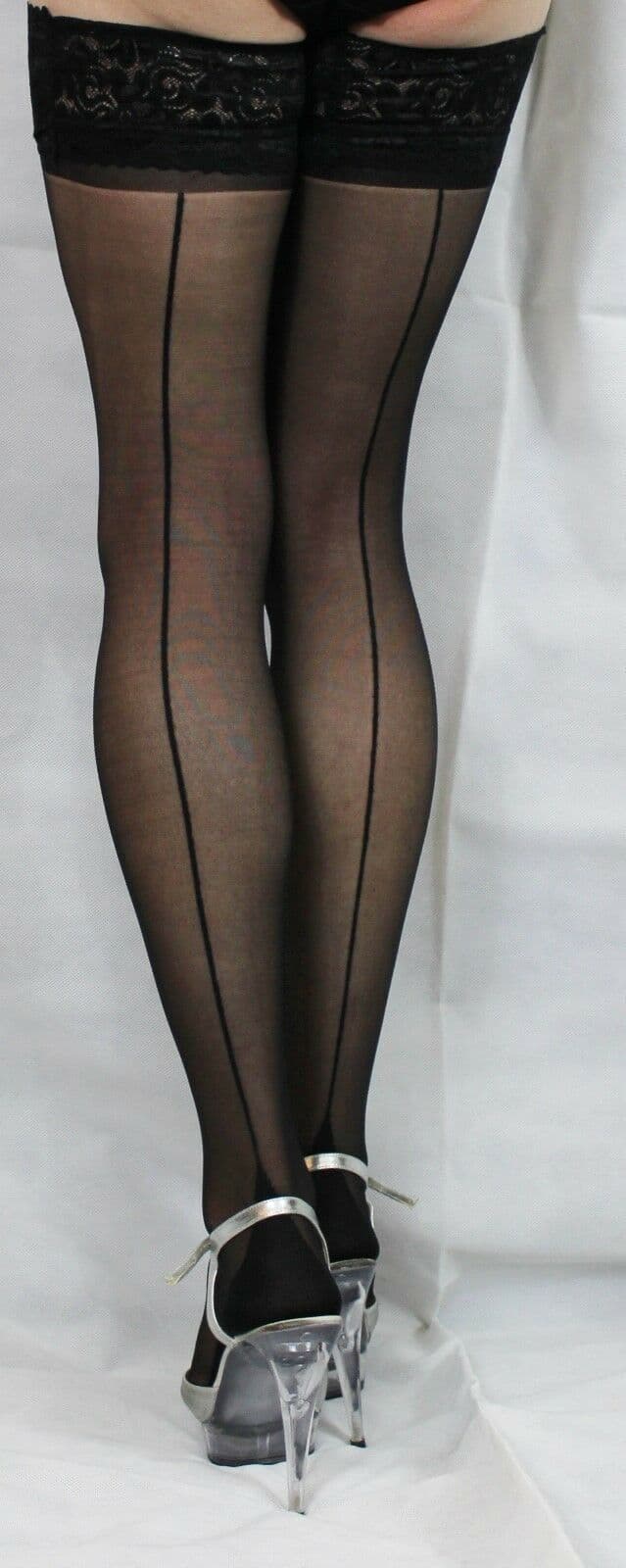 Black Extra Long 15 Denier Luxury Lace Top French Heel Seamed Satin Hold Up