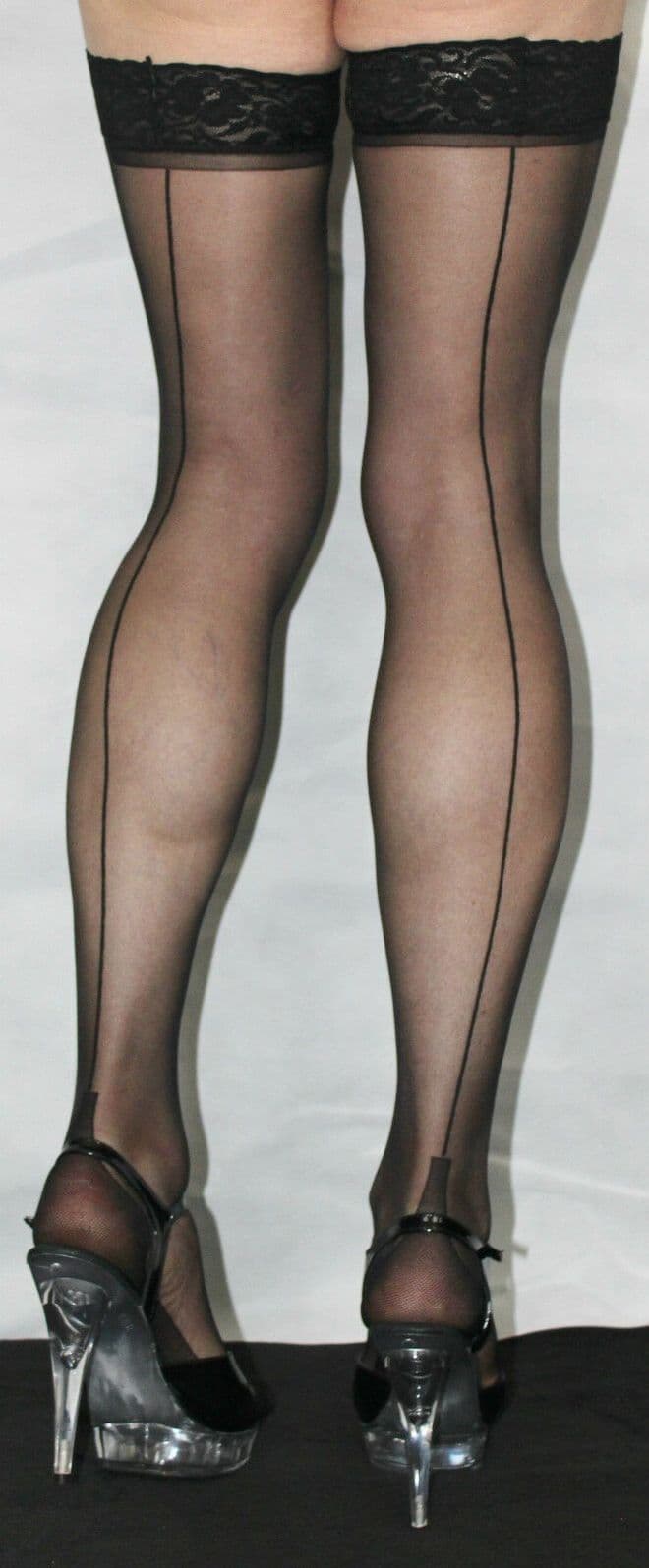 Black Large 10 Denier Luxury Lace Top Cuban Heel Seamed Satin Sheen Hold Up