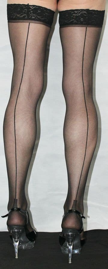 Black Small 10 Denier Luxury Lace Top Cuban Heel Seamed Hold Up