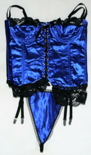 BLUE HEAVY SATIN BASQUE/CORSET & THONG LINGERIE SET WITH BLACK LACE TRIM