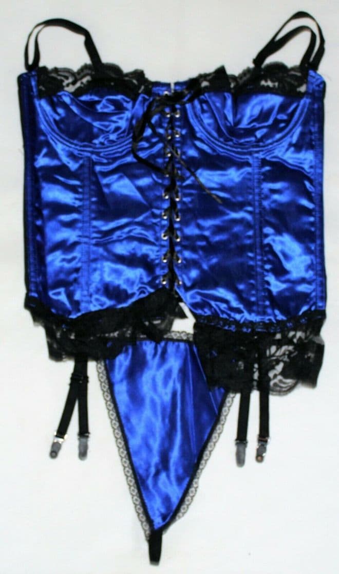 BLUE HEAVY SATIN BASQUE/CORSET & THONG LINGERIE SET WITH BLACK LACE TRIM
