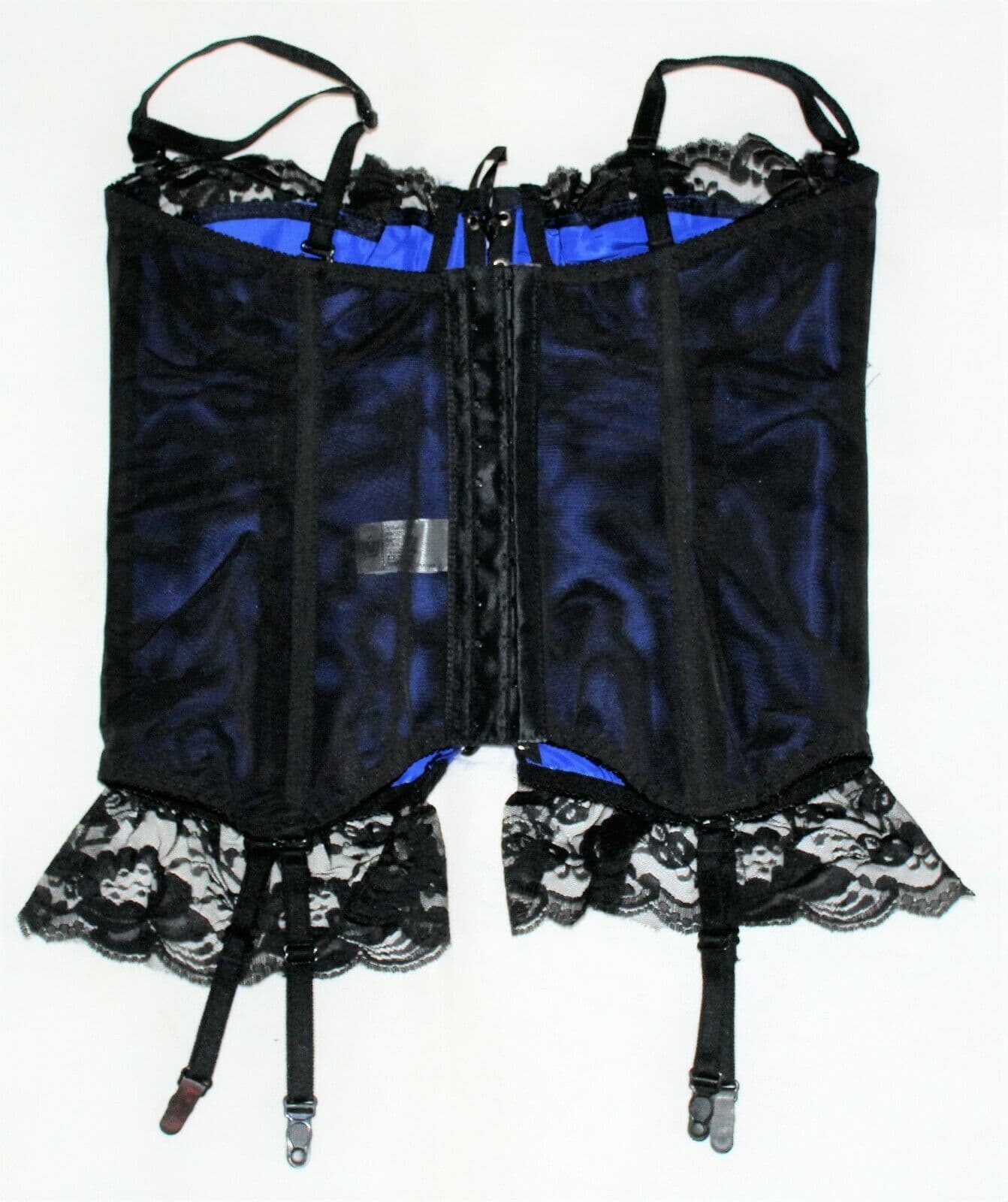 BLUE HEAVY SATIN BASQUE/CORSET & THONG LINGERIE SET WITH BLACK LACE TRIM