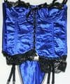 BLUE HEAVY SATIN BASQUE/CORSET & THONG LINGERIE SET WITH BLACK LACE TRIM