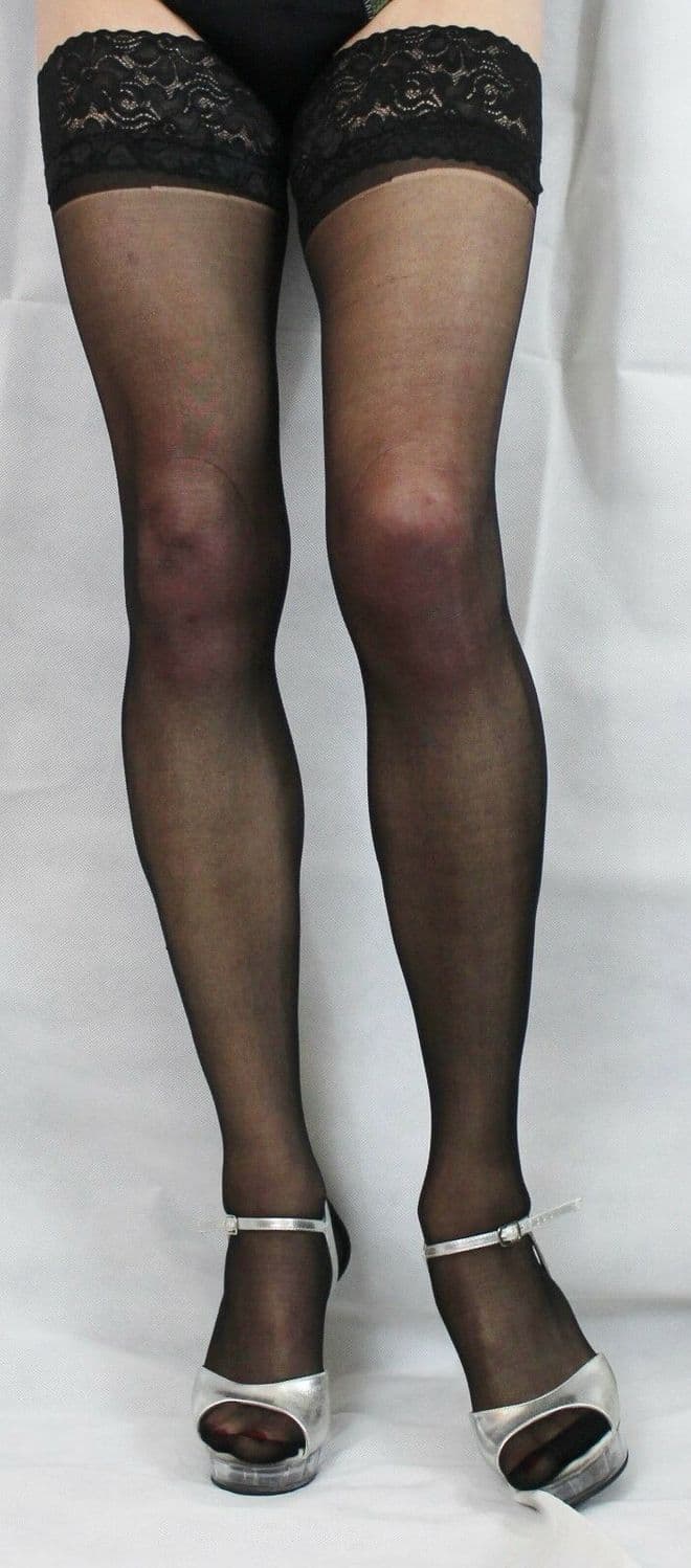 Extra Long Black 15 Denier Satin Sheen Lace Top Hold Up Stockings High Quality