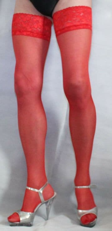 Extra Long Bright Red 15 Denier Satin Sheen Luxury Lace Top Hold Ups Hi Quality