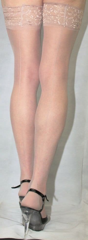 Extra Long Size 15 Denier Luxury Lace Top French Heel Nude Seamed Satin Hold Up