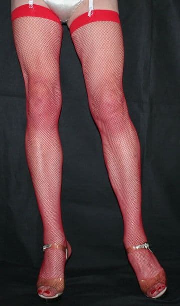 Extra Tall Bright Red Fine Fishnet High Quality Stockings Narrow Plain Welt/Top