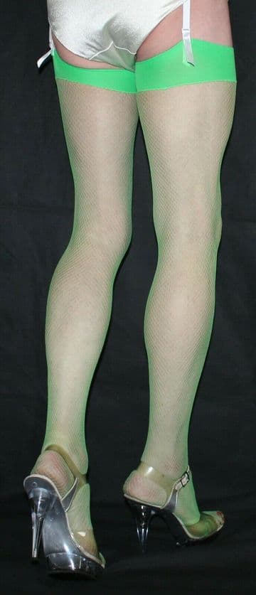 Extra Tall Neon Green Fine Fishnet High Quality Stockings Narrow Plain Welt/Top