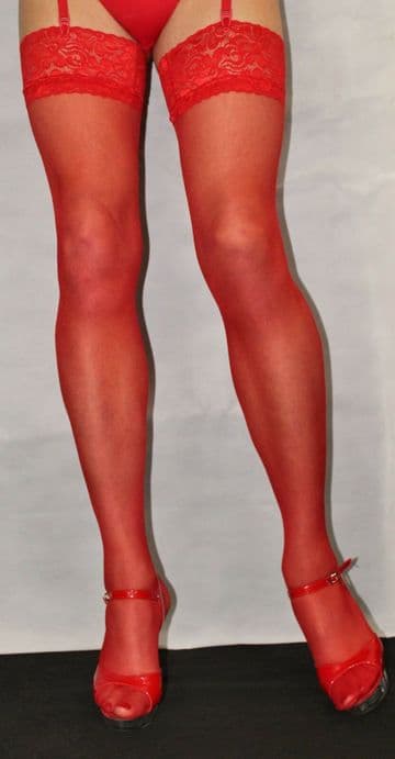 Fabulous Bright Red 15 Denier Luxury Lace Top Extra Long Satin Sheen Stockings