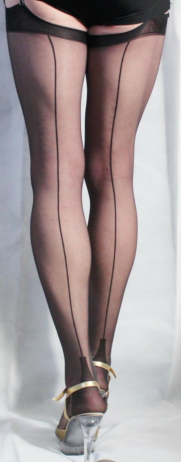 Fantastic 10 Denier Ultra Sheer Black Cuban Heel Seamed stockings sizes S M L XL