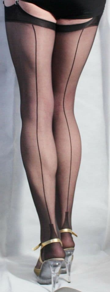 Gipsy 10 Denier Ultra Sheer Black Cuban Heel Seamed stockings sizes S M L XL