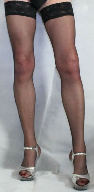 Large Size Black 10 Denier Satin Sheen Sheer Lace Top Hold Ups High Quality