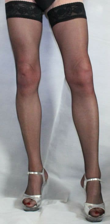 Medium Size Black 10 Denier Satin Sheen Sheer Lace Top Hold Ups High Quality