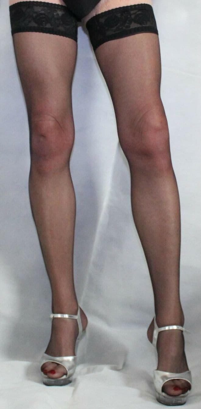 Medium Size Black 10 Denier Satin Sheen Sheer Lace Top Hold Ups High Quality