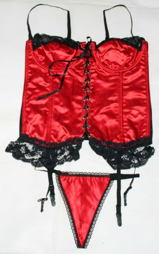 RED HEAVY SATIN BASQUE/CORSET & THONG LINGERIE SET WITH BLACK LACE TRIM