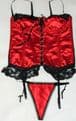 RED HEAVY SATIN BASQUE/CORSET & THONG LINGERIE SET WITH BLACK LACE TRIM