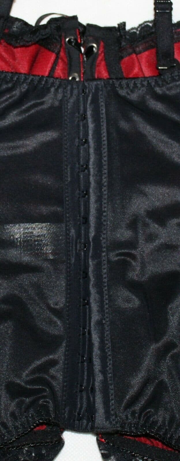 RED HEAVY SATIN BASQUE/CORSET & THONG LINGERIE SET WITH BLACK LACE TRIM