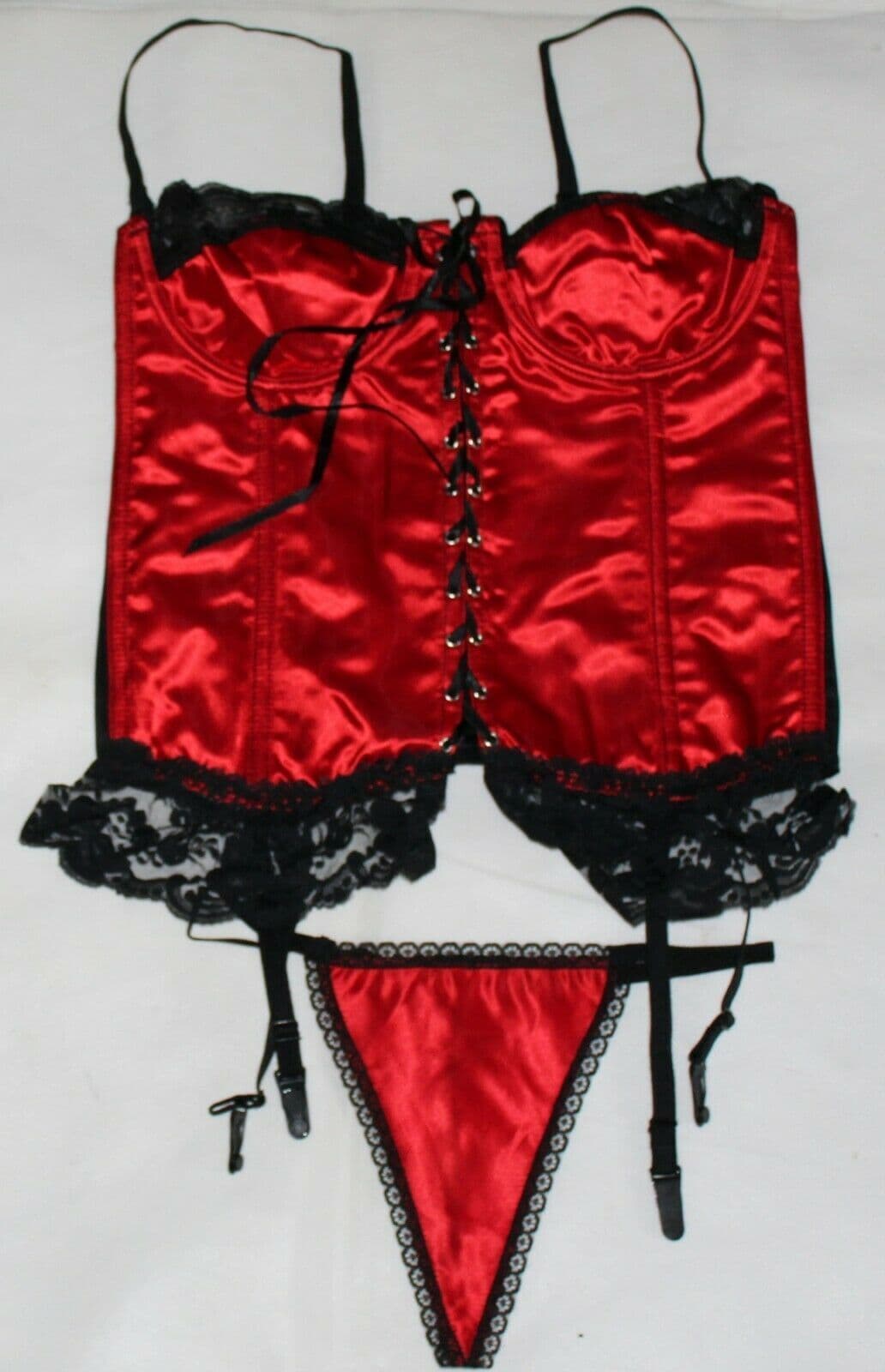 RED HEAVY SATIN BASQUE/CORSET & THONG LINGERIE SET WITH BLACK LACE TRIM