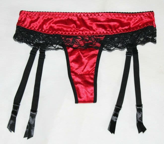 Red Satin Suspender thong With Black Lace Trim & Detachable Suspenders