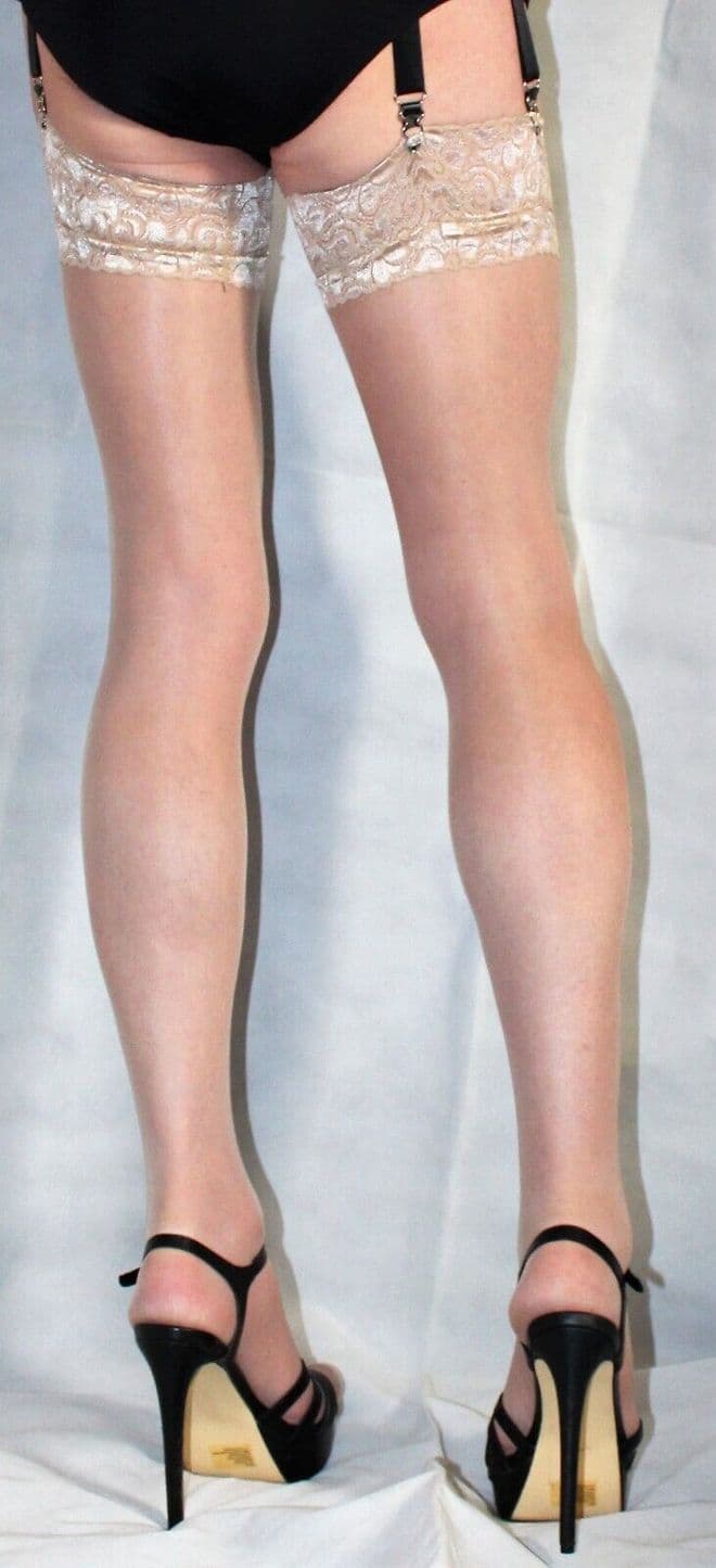 Stunning Medium Size Nude 10 Denier Luxury Lace Top Glossy Effect Stockings