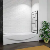 Art Deco Square Hinged Framed Black Grid Bath Shower Screen 800mm x 1400mm