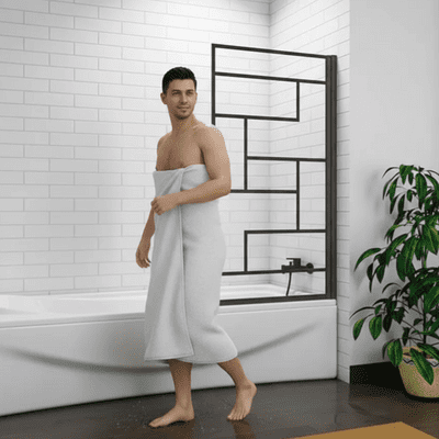 Art Deco Square Hinged Framed Black Grid Bath Shower Screen 800mm x 1400mm