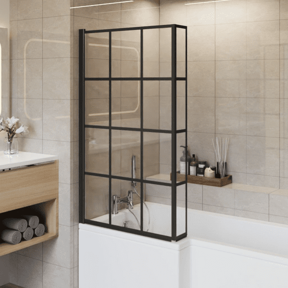 L Shaped Black Grid Pivot Bath Screen