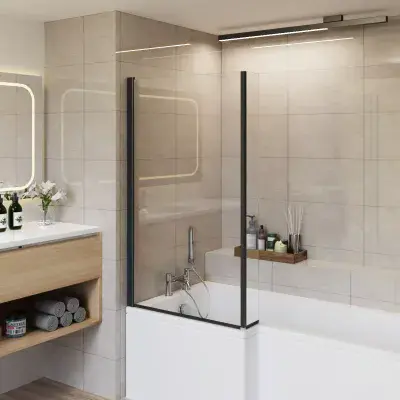 L Shaped Black Pivot Bath Screen
