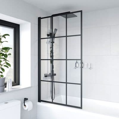 Square Hinged Framed Black Grid Bath Shower Screen 780mm