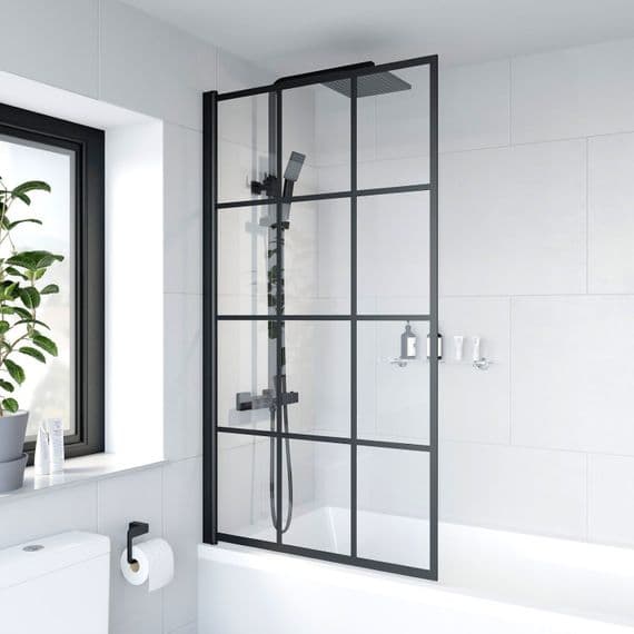 Square Hinged Framed Black Grid Bath Shower Screen 780mm