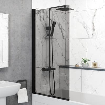 Square Hinged Frameless Black Tinted Bath Shower Screen 800mm