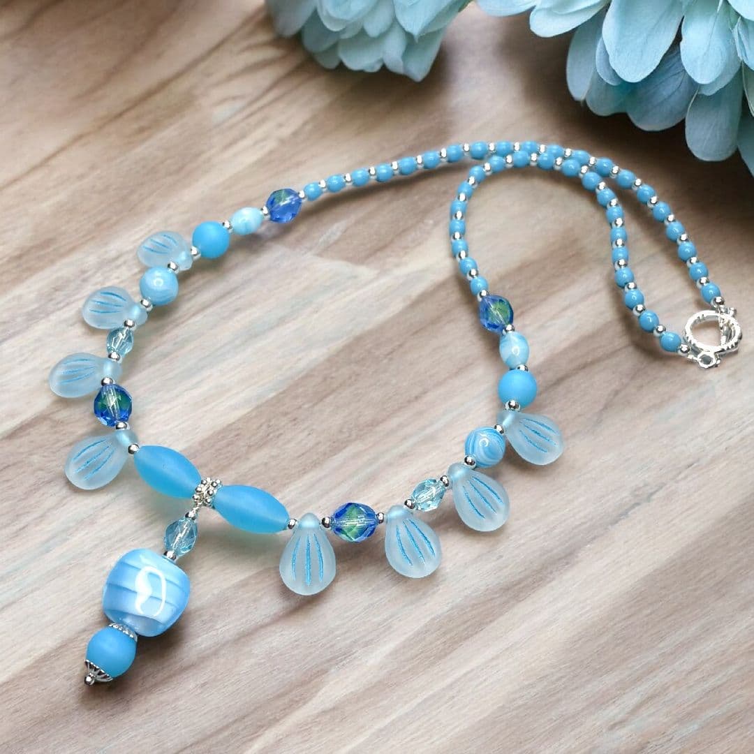 LESLIE BOULES Blue Light Beads Scapular Necklace - Handmade Religious Jewelry, Brass With Gold Filled Scapular, 17"