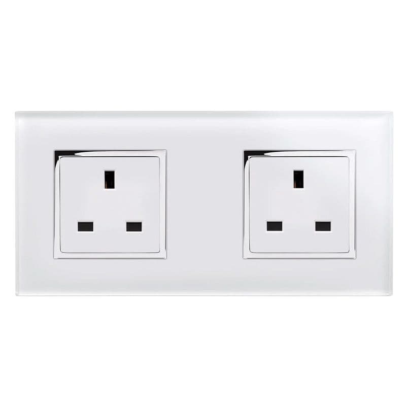 Plug In Double Socket RetroTouch Dual Double Plug Socket Chrome/White Glass 00162