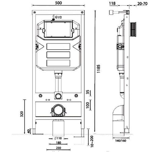 Abacus 1180mm Wall Mounted Wc Frame With Dual Flush Cistern EPWC-05-2005