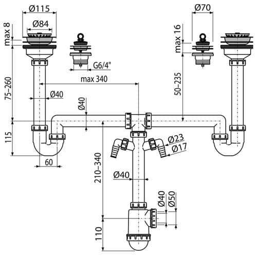 Alca Plast Double-Sink Waste & Trap DN40/50 Dual Ø17–23mm Connectors, Ø70mm & Ø115mm SS Grids A8000