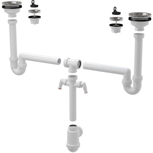 Alca Plast Double-Sink Waste & Trap DN40/50 Dual Ø17–23mm Connectors, Ø70mm & Ø115mm SS Grids A8000
