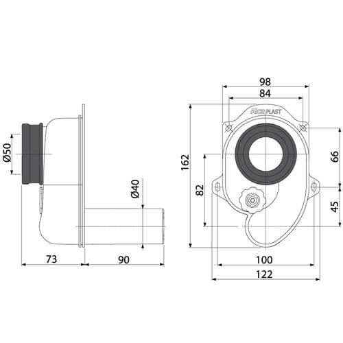Alca Plast Horizontal Urinal Trap DN40 With Ø50mm Rubber Reducing Insert Plastic A45B