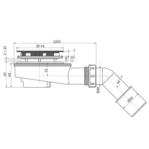 Alca Plast Shower Waste & Trap For Thick-Walled Trays Reduced Height 90mm DN50 Matt Black A492BLACK
