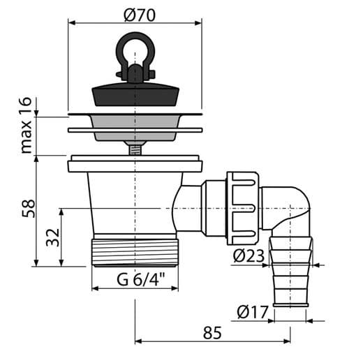 Alca Plast Sink Waste G 6/4″ With Ø17–23mm Connector Ø70mm SS Grid & Rubber Plug A33P