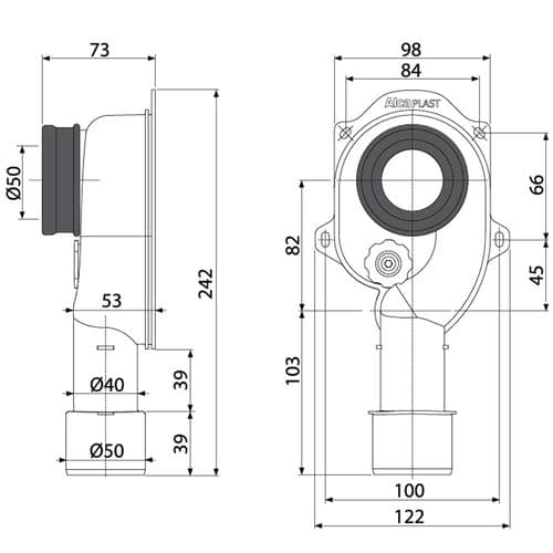 Alca Plast Vertical Urinal Trap DN40/50 With Ø50mm Rubber Reducing Insert Plastic A45C